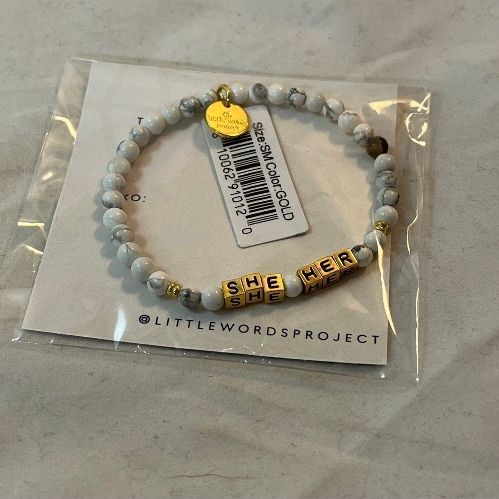 Little Words Project Bracelet She Her Stretch Beaded Gold Marble Neutral Casual - Picture 4 of 4